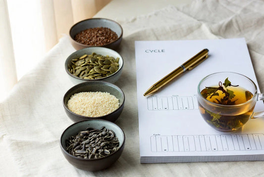 Seed cycling for hormones setup with four seed bowls and a cycle tracking journal