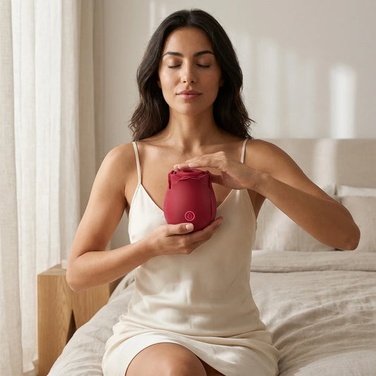 Woman relaxing in bedroom holding the Xindari discreet rose vibrator for a calming intimate wellness routine