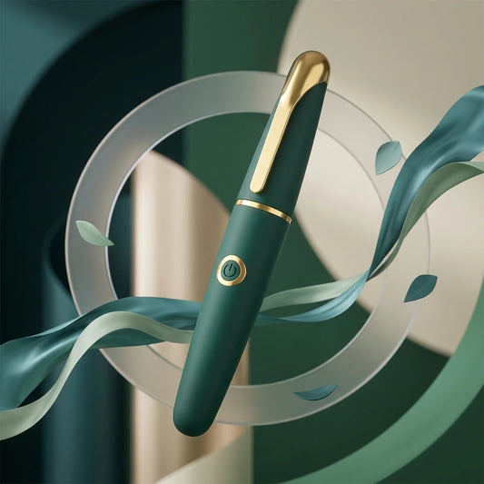 Elegant green intimate massager designed like a high-end skincare tool, floating among silk and natural leaves