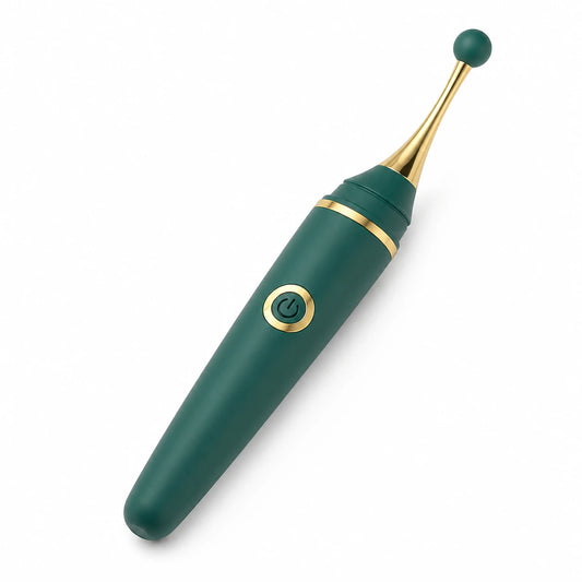 Green Xindari Targeted Curve g spot vibrator with gold neck and rounded interchangeable head