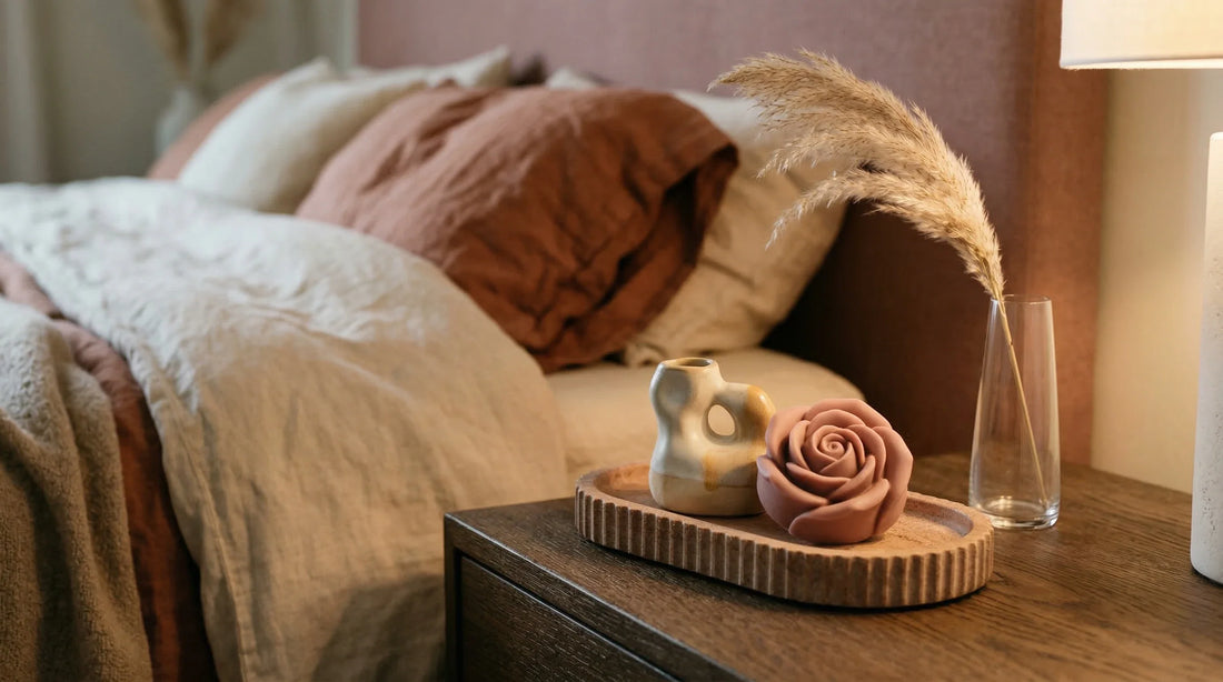 Curated nightstand with aesthetic self care products in sculptural forms — Xindari wellness as home decor