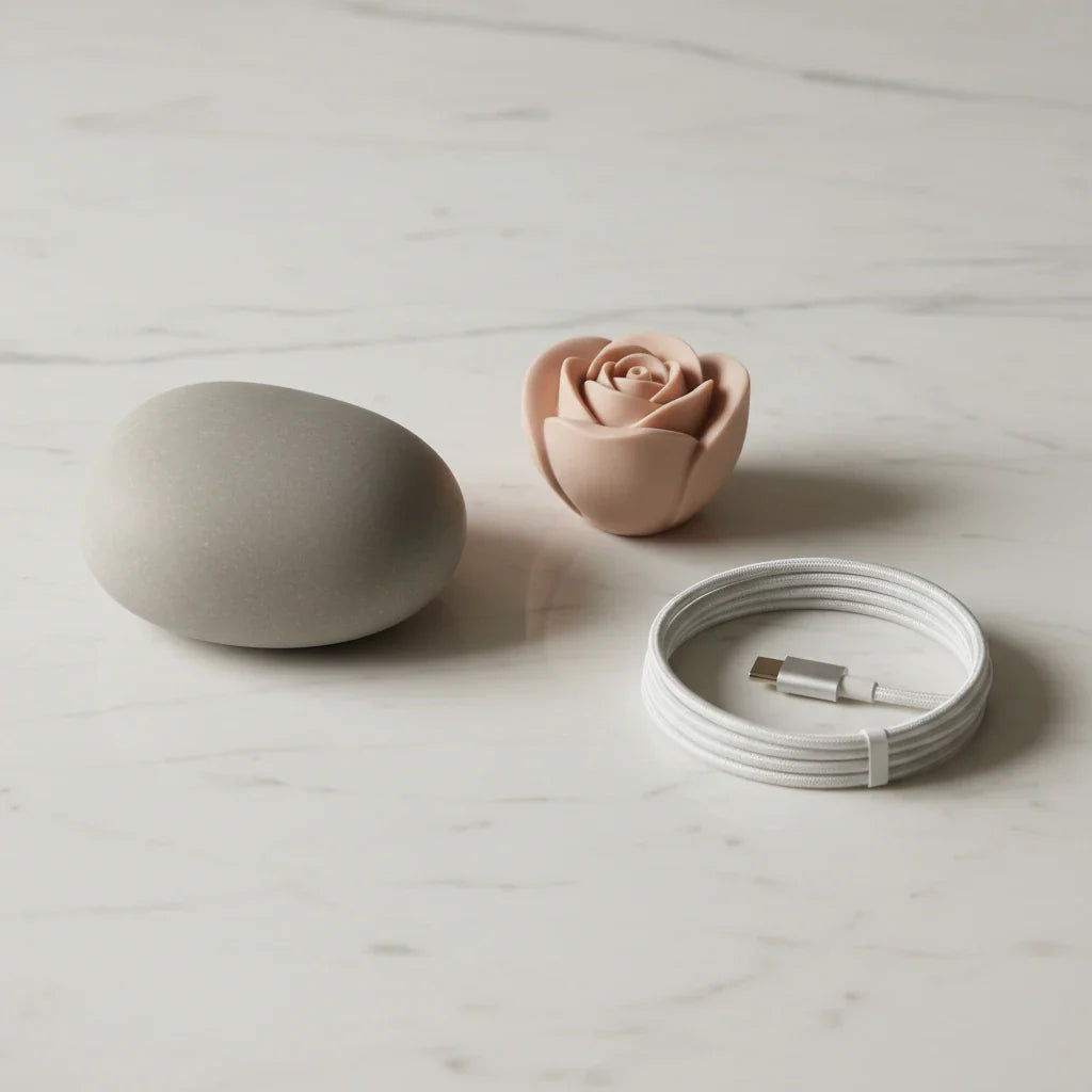 Two well-crafted wellness devices on marble surface with charging cable — illustrating how long do personal massagers last