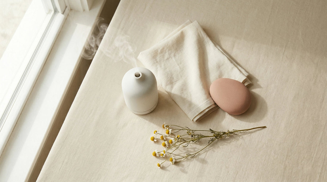 Minimal wellness flat lay illustrating how to relax — diffuser, stone, chamomile on linen