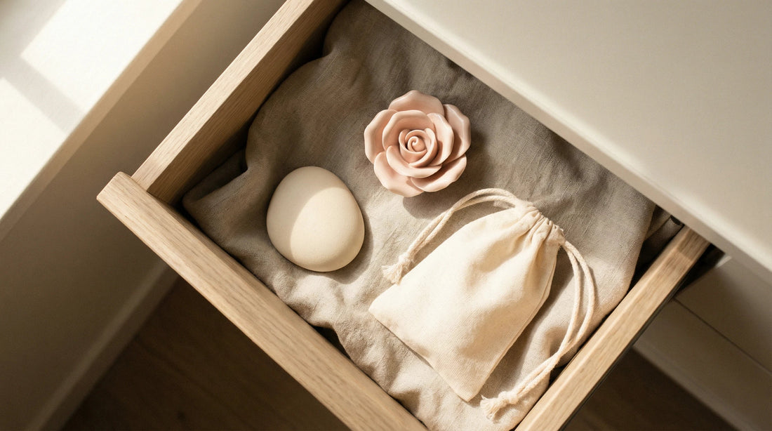 Linen-lined drawer showing how to store a personal massager with privacy and hygiene — Xindari storage guide