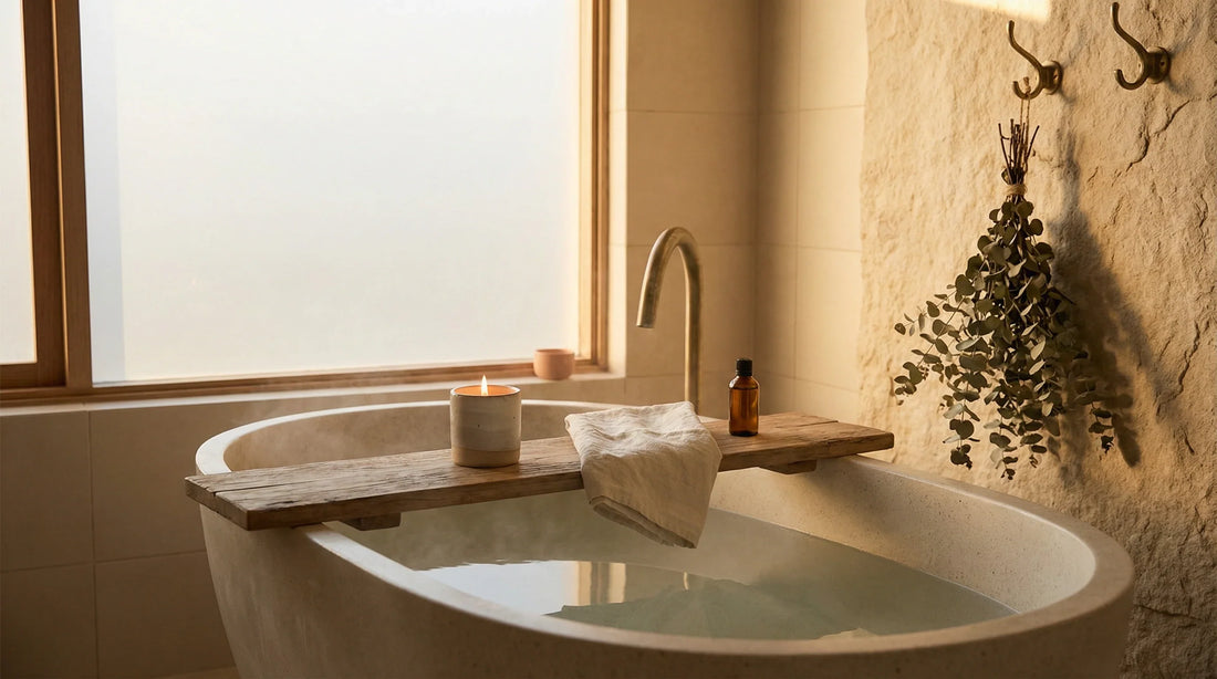 Warm freestanding bathtub with candle and oils — setting for a sensory self care bath ritual