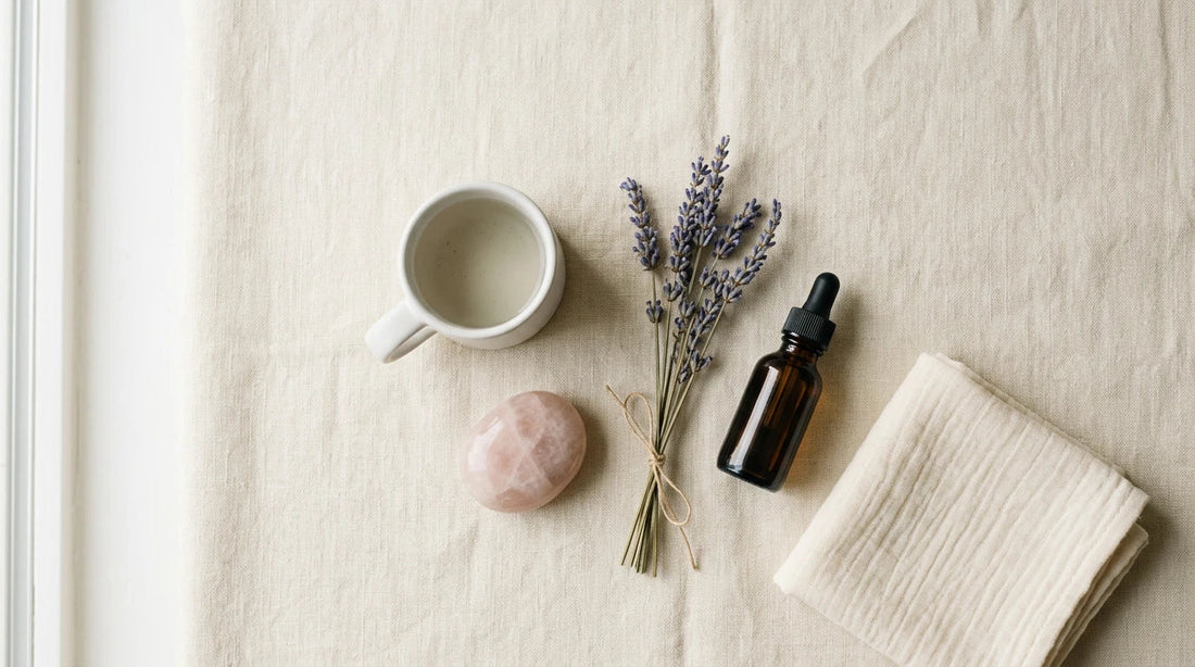 Wellness flat lay representing vagus nerve stimulation and nervous system reset — stones, lavender, and linen