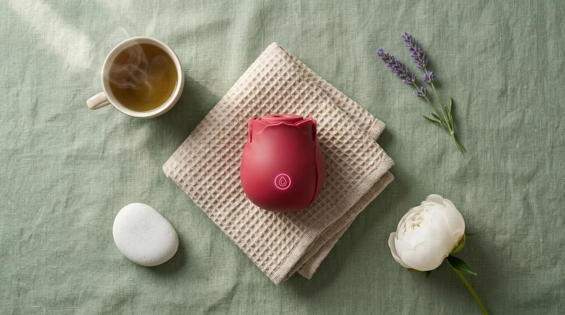 Women's relaxation guide — calming wellness tools including herbal tea, lavender, and personal massager by Xindari