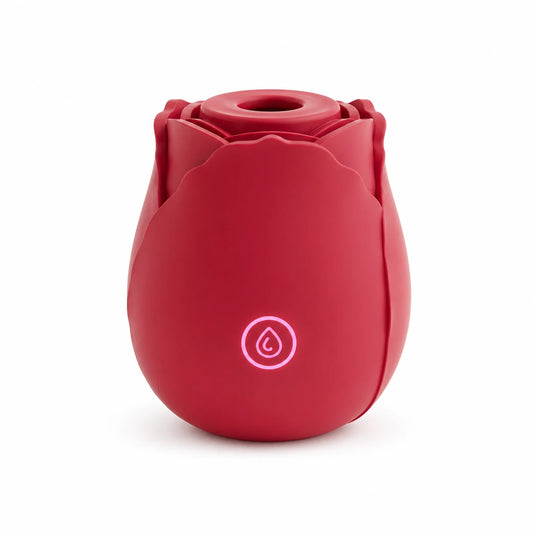 Red Xindari Petal Pulse rose vibrator front view with illuminated button