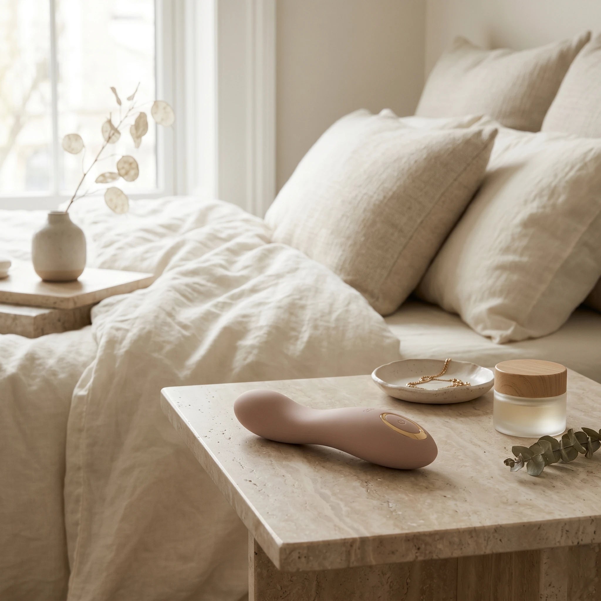 Discreet vibrators styled on a bedside table in soft natural light