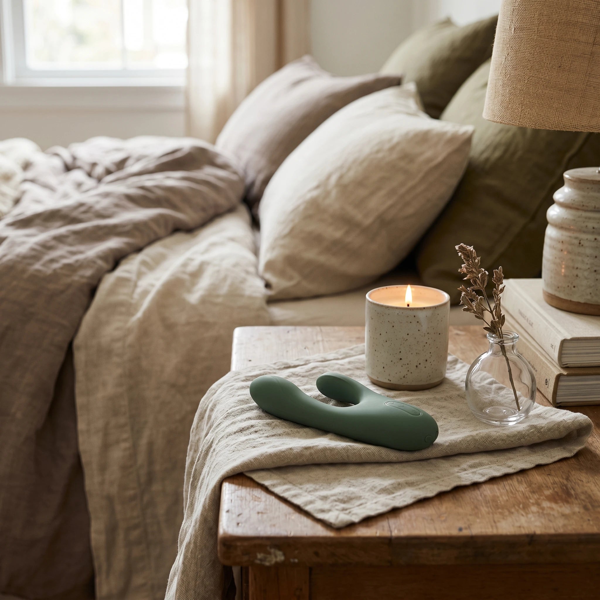 Quiet vibrator displayed in a calm bedroom setting with soft linen