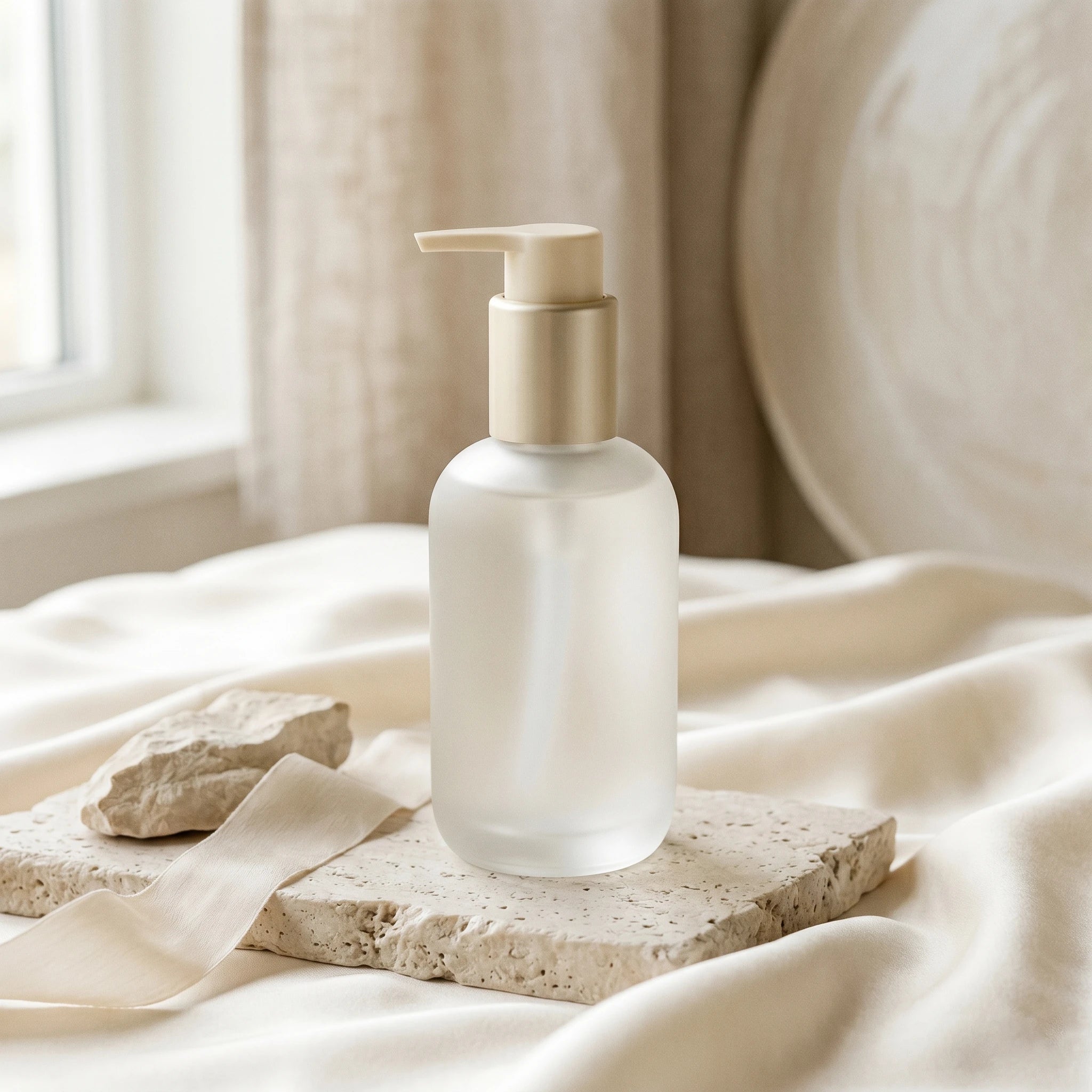 Water-based lube bottle styled on cream silk and pale stone