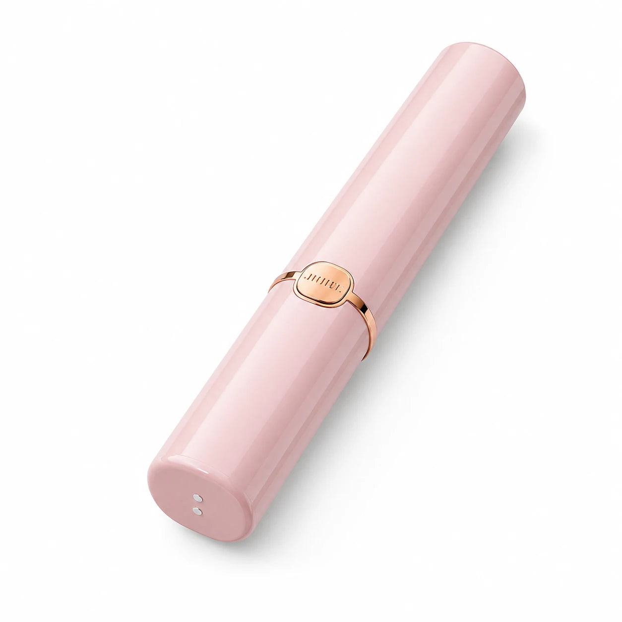 Angled pink lipstick vibrator showing magnetic charging contacts
