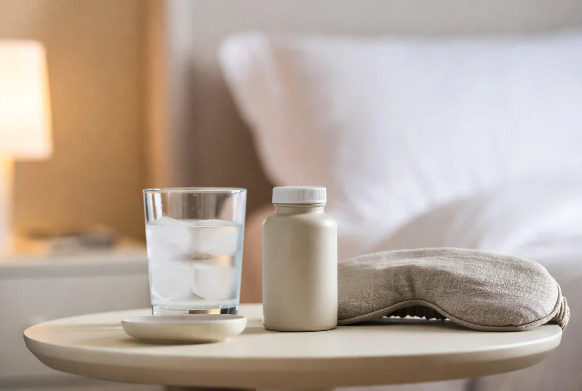 Magnesium supplement and calming bedtime essentials arranged on a bedside table