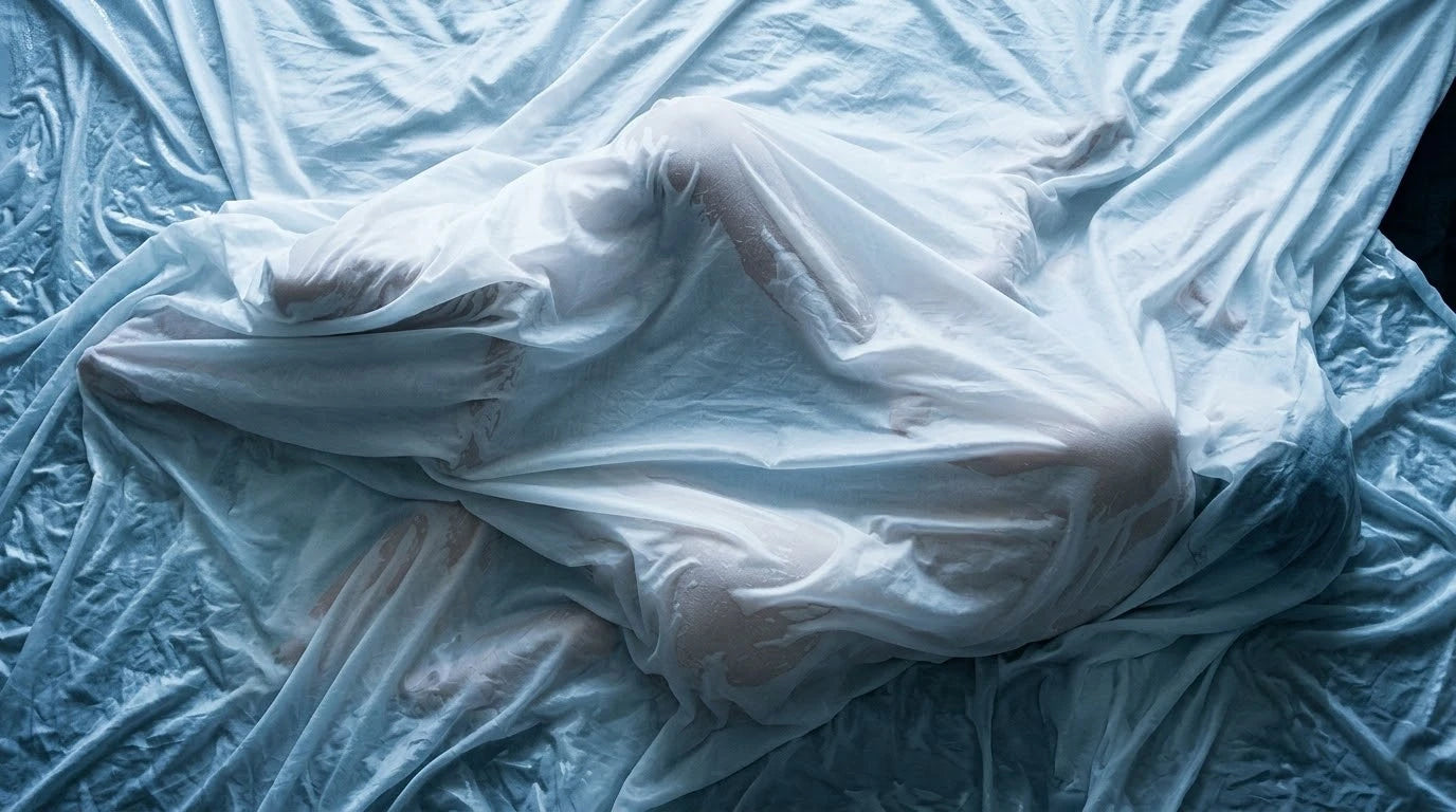 Artistic silhouette of a woman draped in sheer white fabric on a bed, symbolizing a safe, private space for Xindari's discreet intimate wellness and self-care
