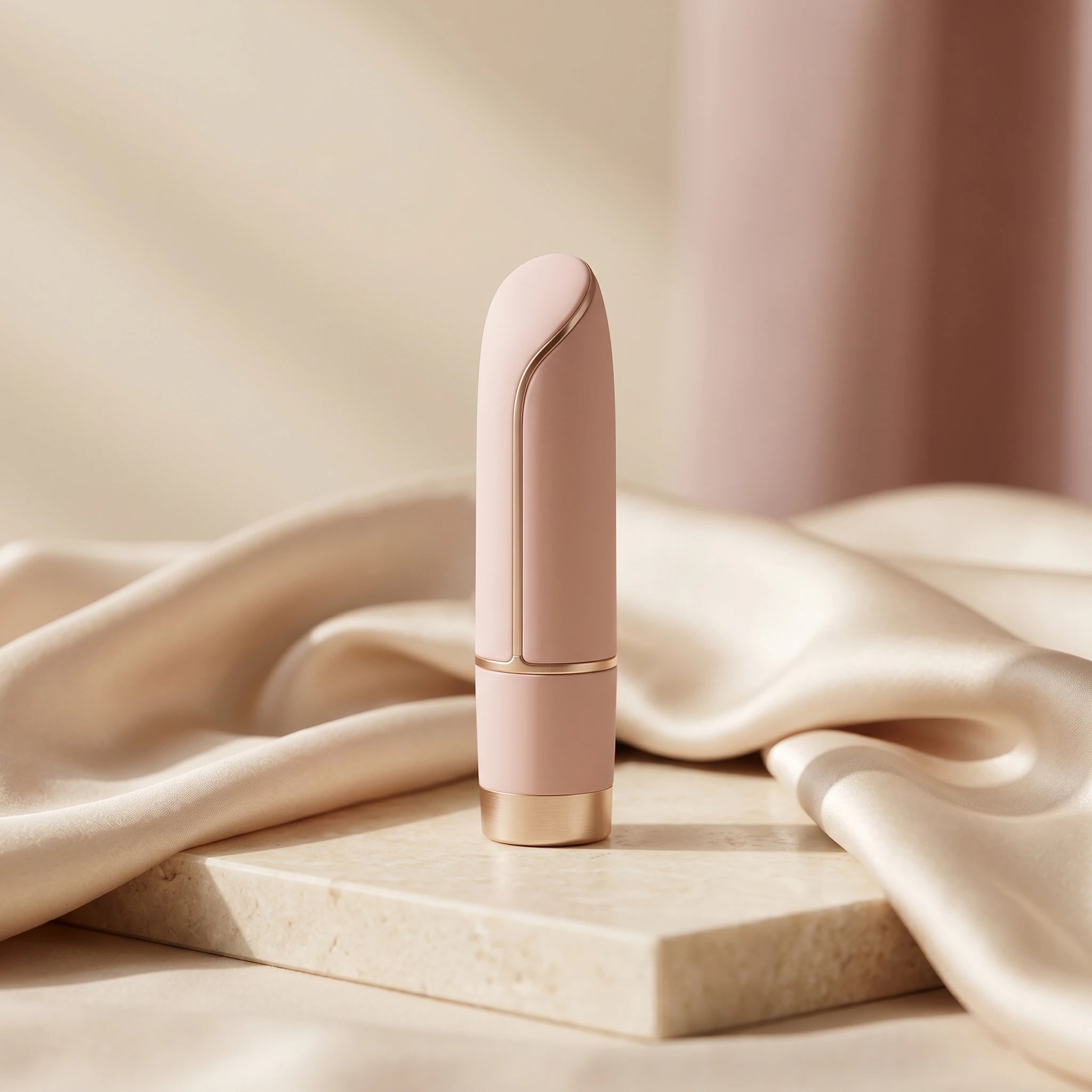 Xindari bullet vibrator with a soft blush finish styled on ivory stone and champagne silk for a discreet, luxury look