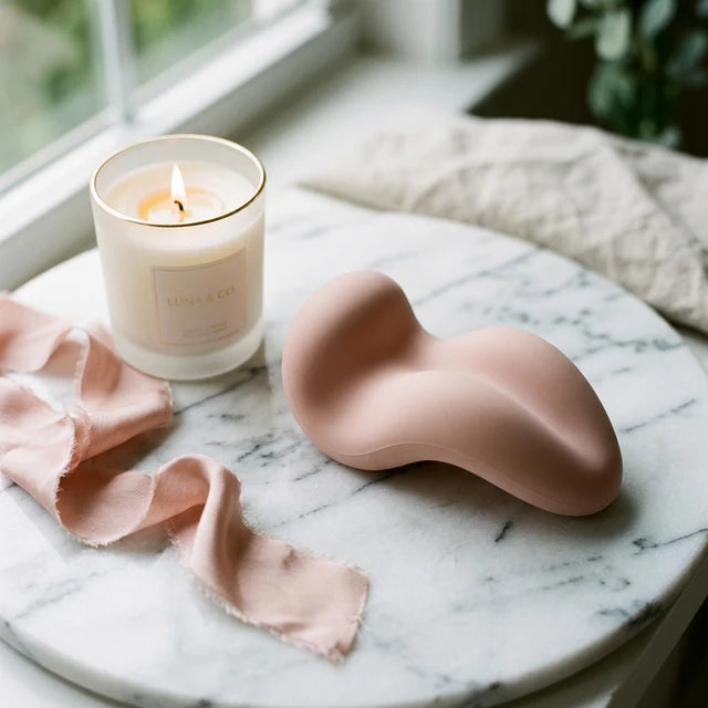 A pink ergonomic wellness tool on a marble counter with scented candles and silk ribbons, representing Xindari's commitment to discreet self-care and intimate healing.