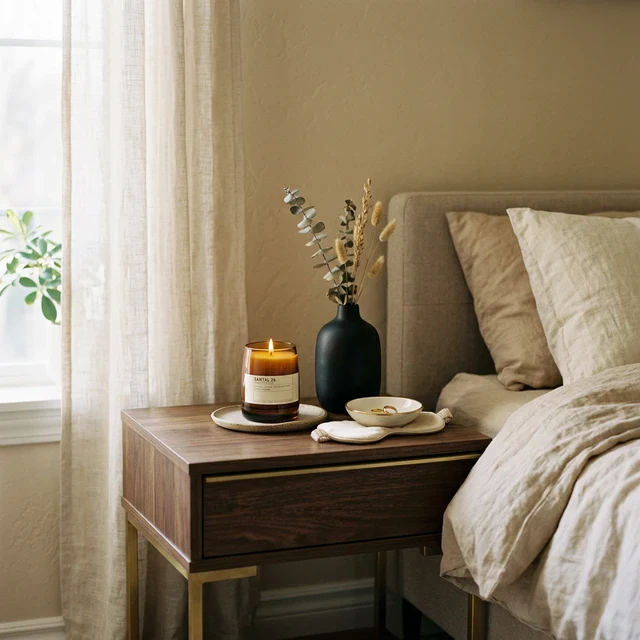 Warm bedroom scene featuring a Xindari sculptural wellness tool on a wooden nightstand next to a scented candle and plant, showcasing how the design blends seamlessly into home decor.