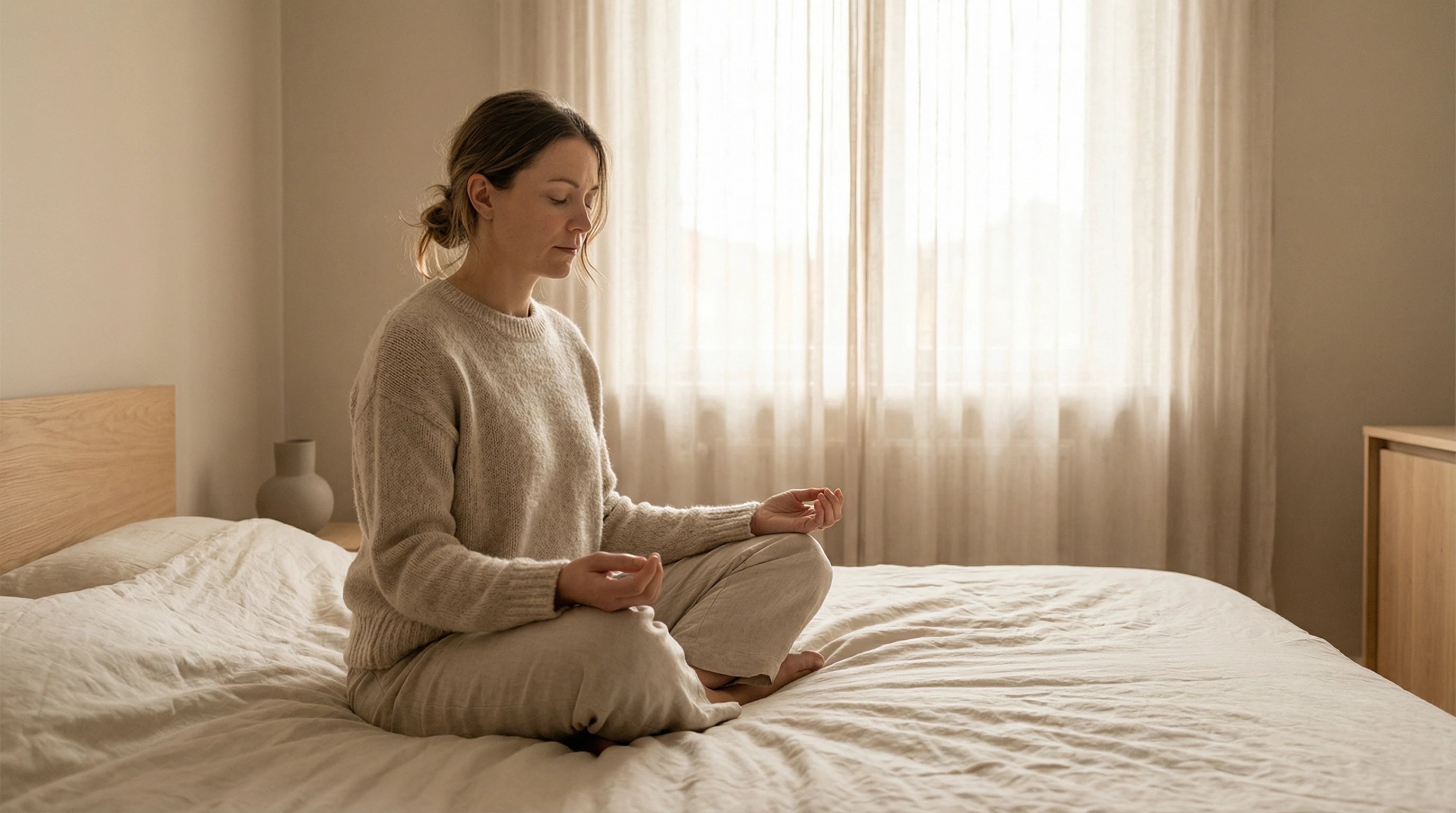 Woman sitting quietly on a bed in morning light — experiencing adrenal fatigue exhaustion and HPA axis depletion