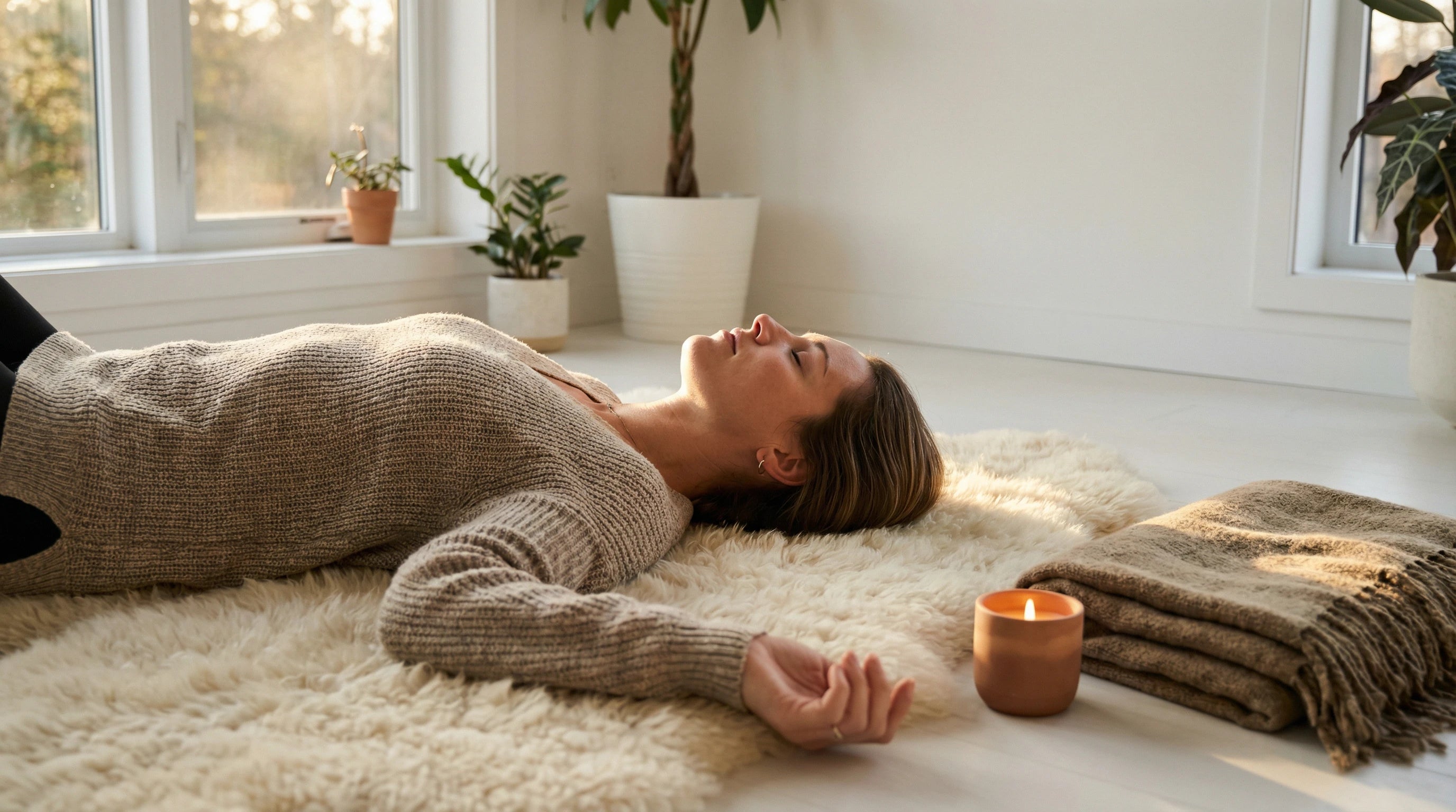 Woman resting in warm afternoon light — parasympathetic recovery for adrenal fatigue and HPA axis regulation