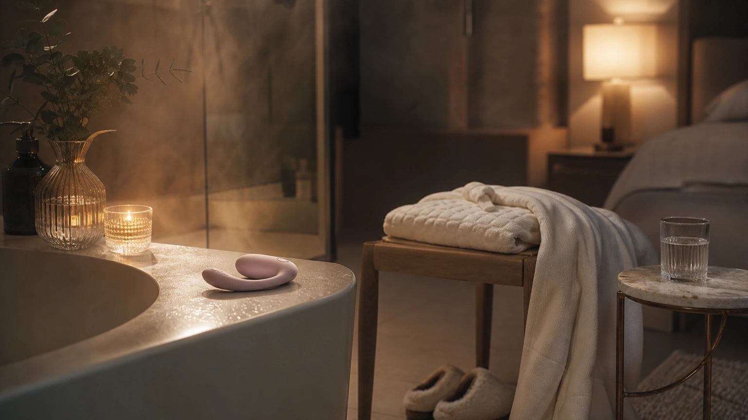 Calm post-shower bedtime setup with robe, water, and warm lighting for a 9 PM wind-down routine