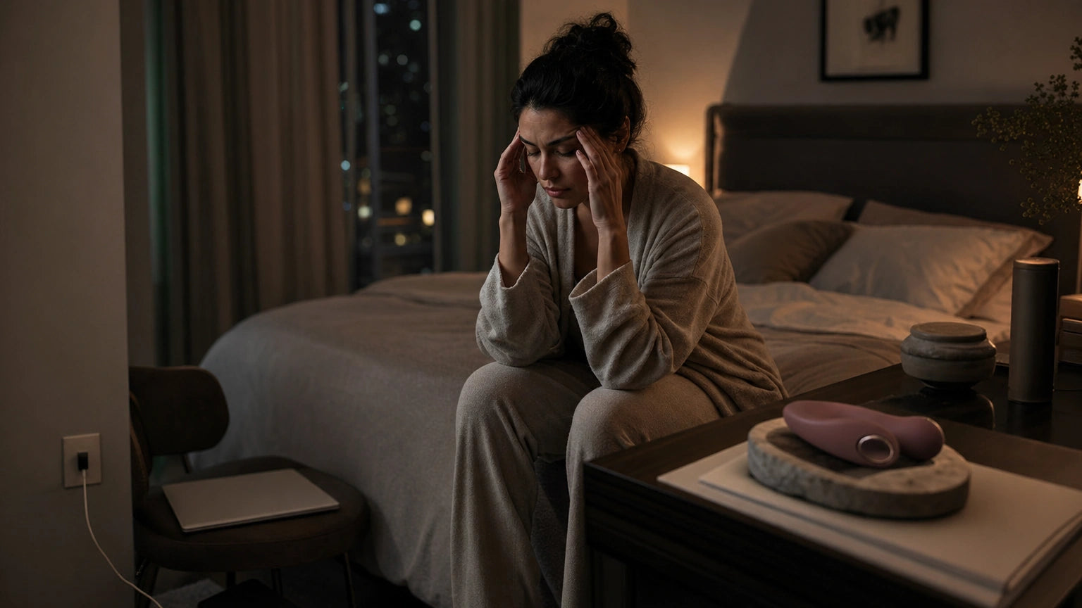 Woman winding down at night in a dim bedroom with her phone set away and laptop closed