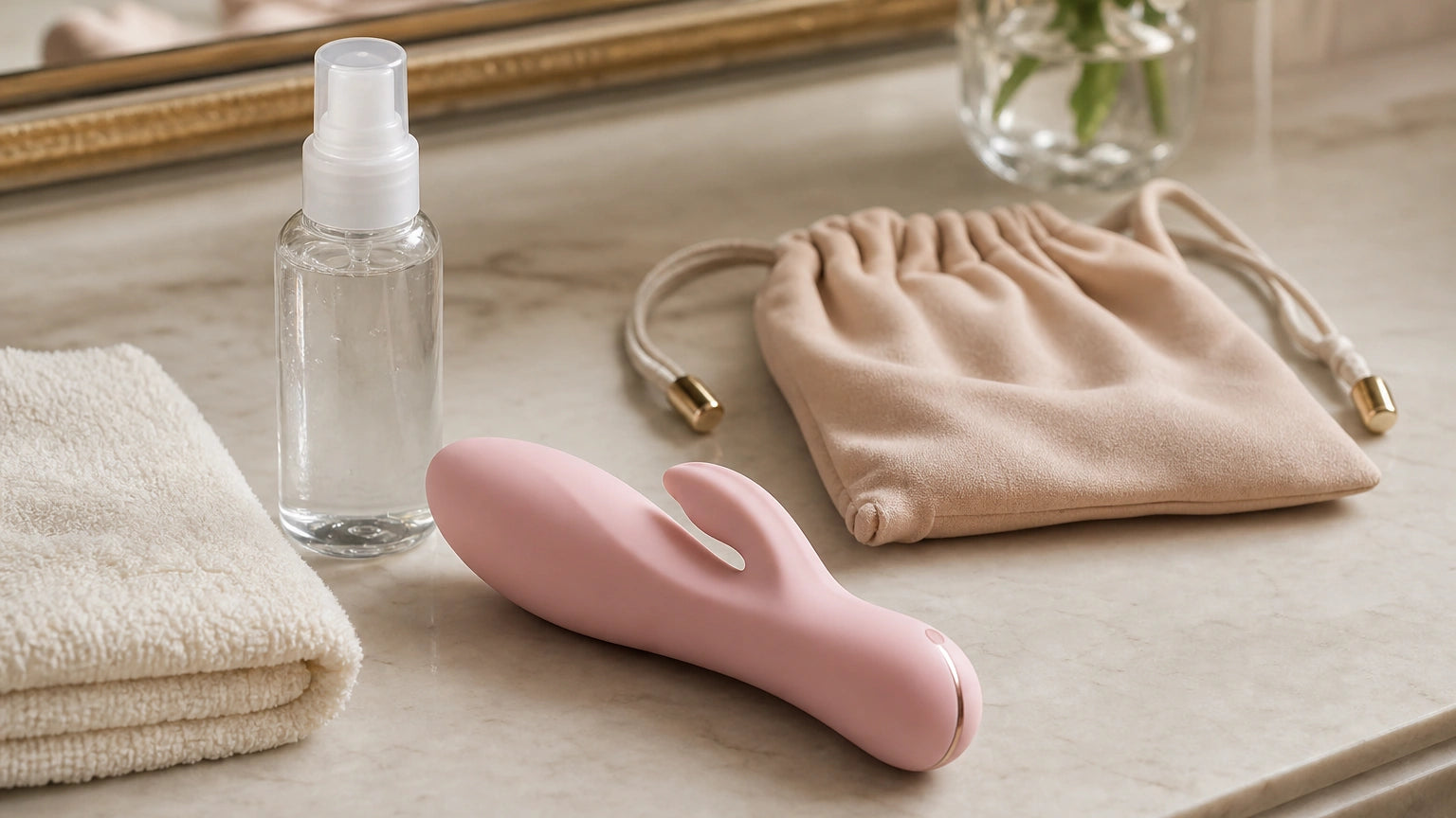 Blush pink silicone vibrator with water-based lubricant, washcloth, and storage pouch on a vanity