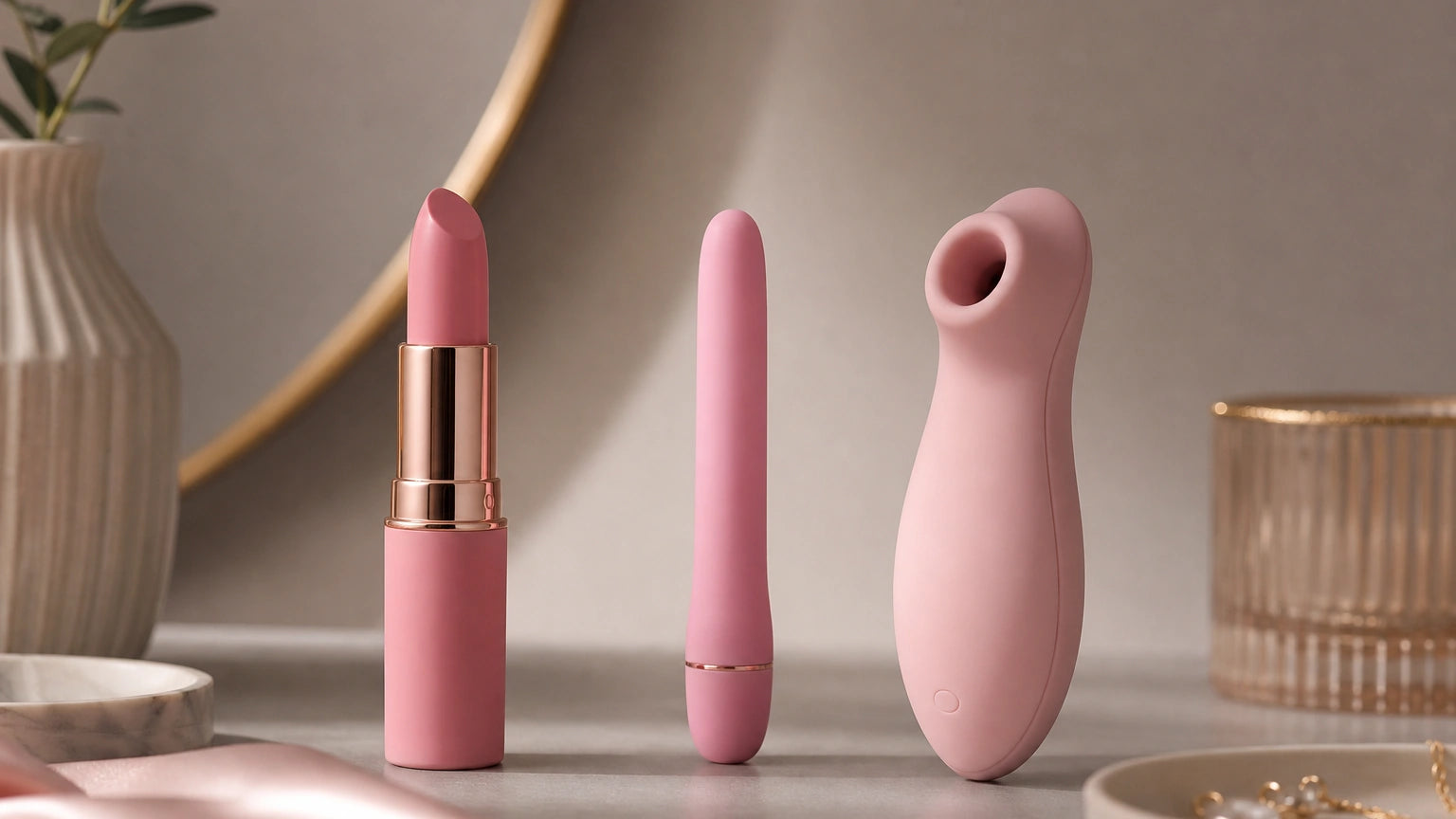 Pink lipstick bullet vibrator, slim precision vibrator, and blush suction toy displayed side by side
