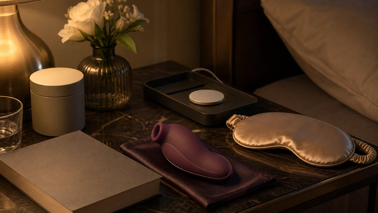 Discreet suction toy on a nightstand with a book, sleep mask, and bedtime essentials
