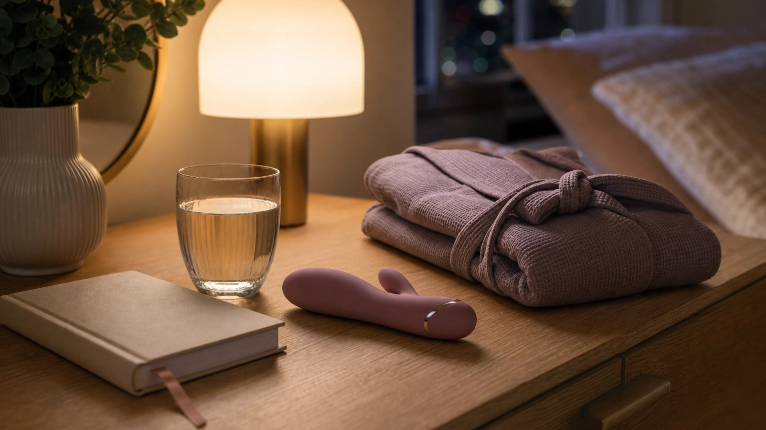 Body-safe silicone vibrator on a bedroom dresser beside a sleep journal and lamp in a calm evening setting