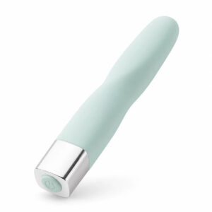 Angled blue vibrating bullet showing the rounded tip and bottom power button