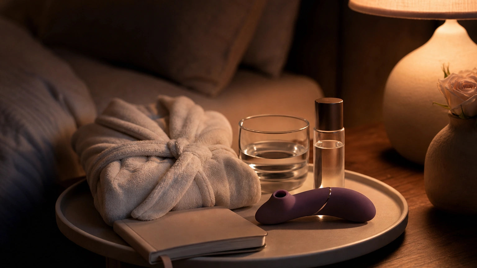 Private nighttime self-care arrangement with journal, water, body-safe lubricant, and a discreet suction toy