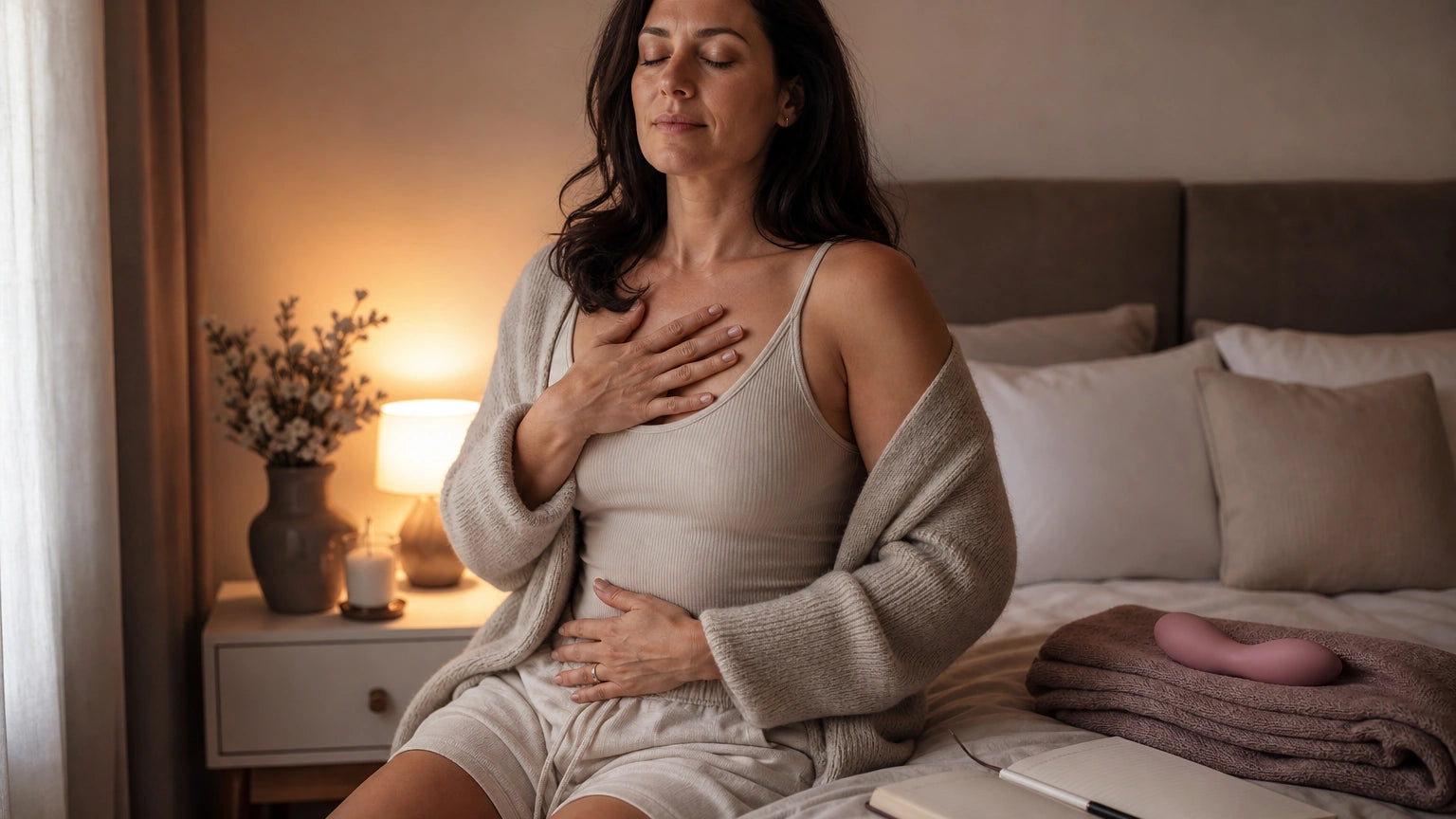 Adult woman seated quietly with hands on chest and abdomen, practicing body awareness in soft evening light
