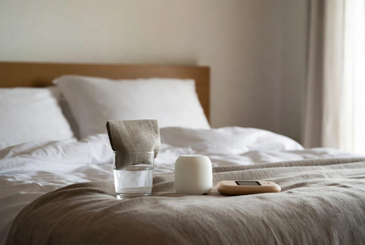 Two discreet wellness devices arranged in a calm bedroom setting for a couples buying guide