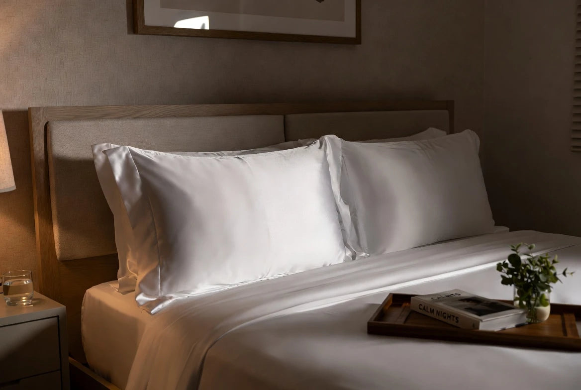 Calm evening recovery setup with silk pillowcase, water, and low lighting for better sleep