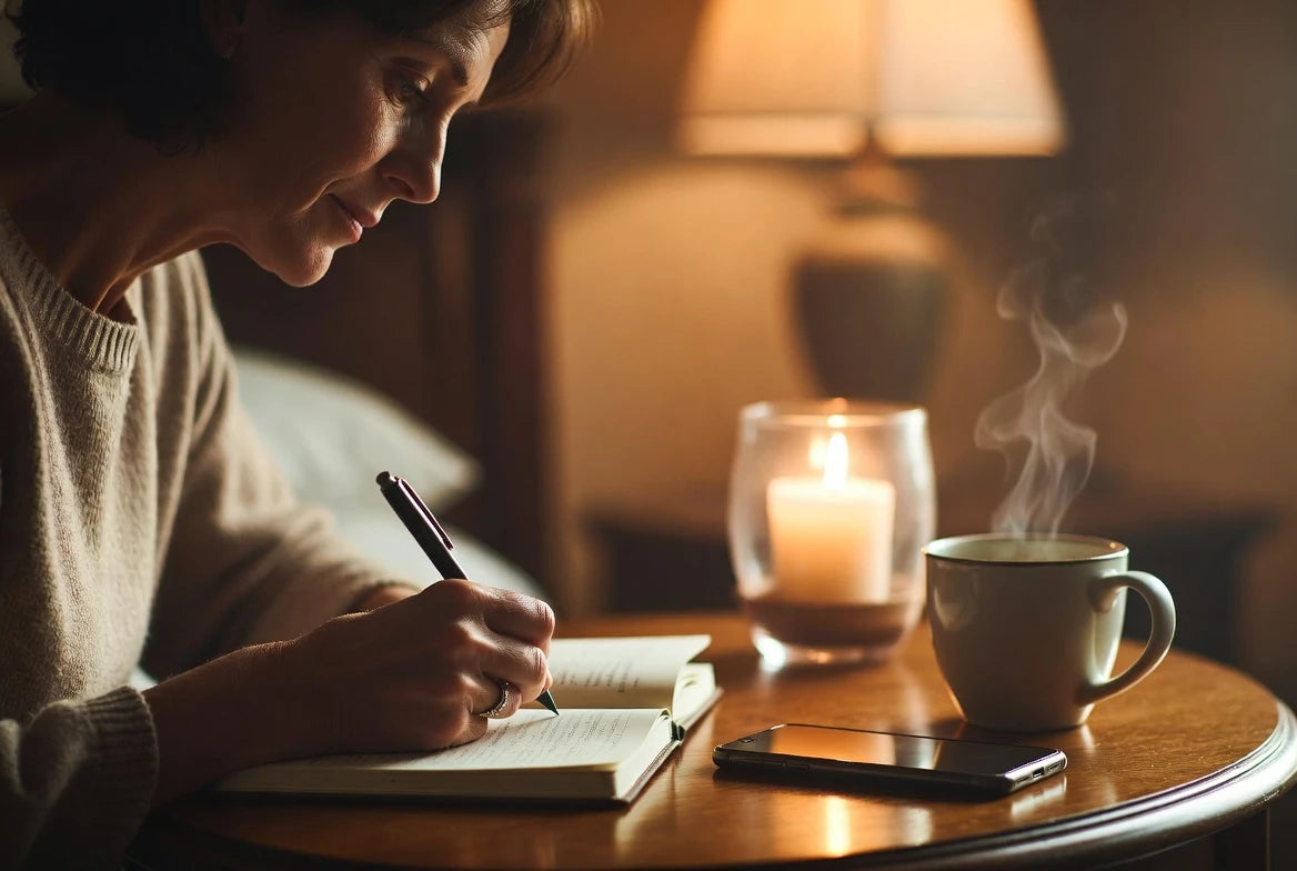 Evening journaling scene for slowing down and checking boundaries after intense dating behavior