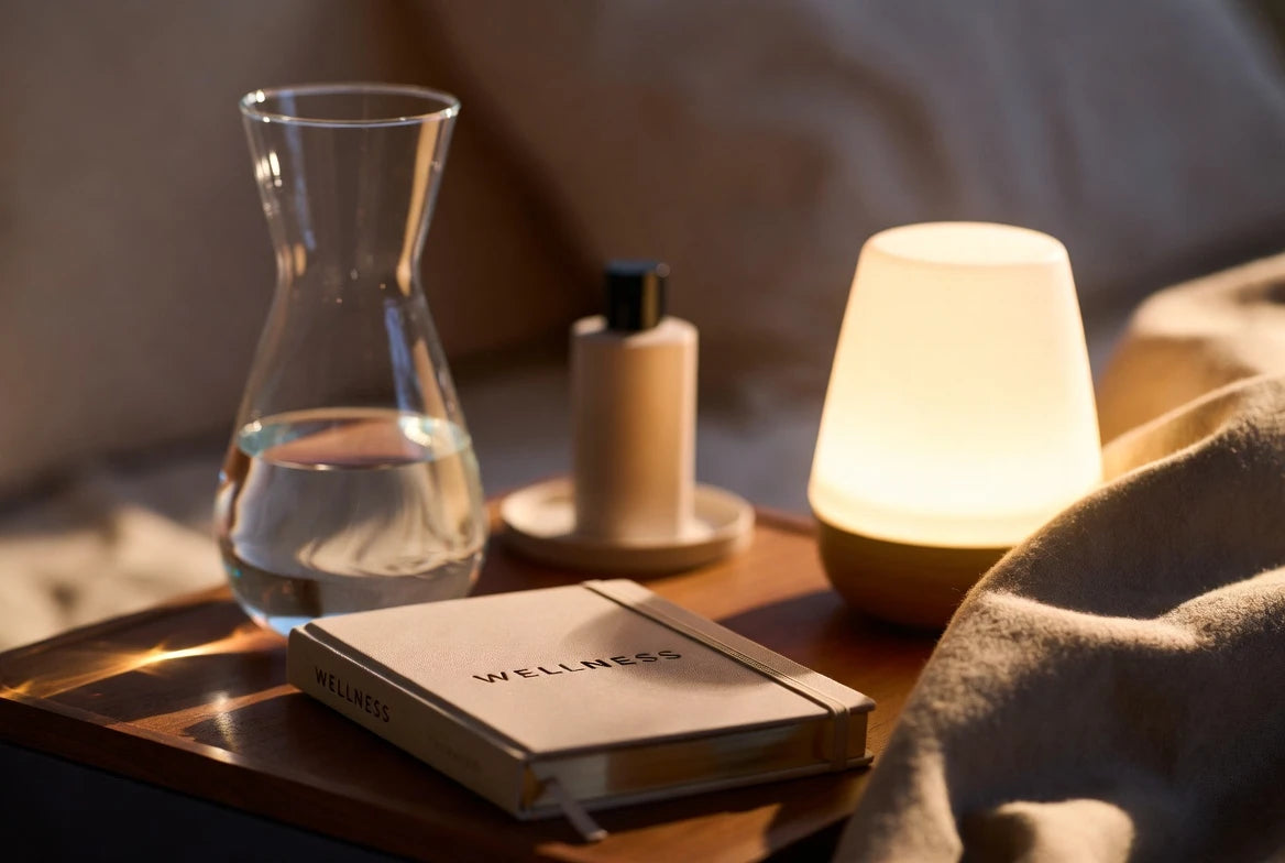 Evening bedside setup for tracking cycle notes and building a calming self-care routine