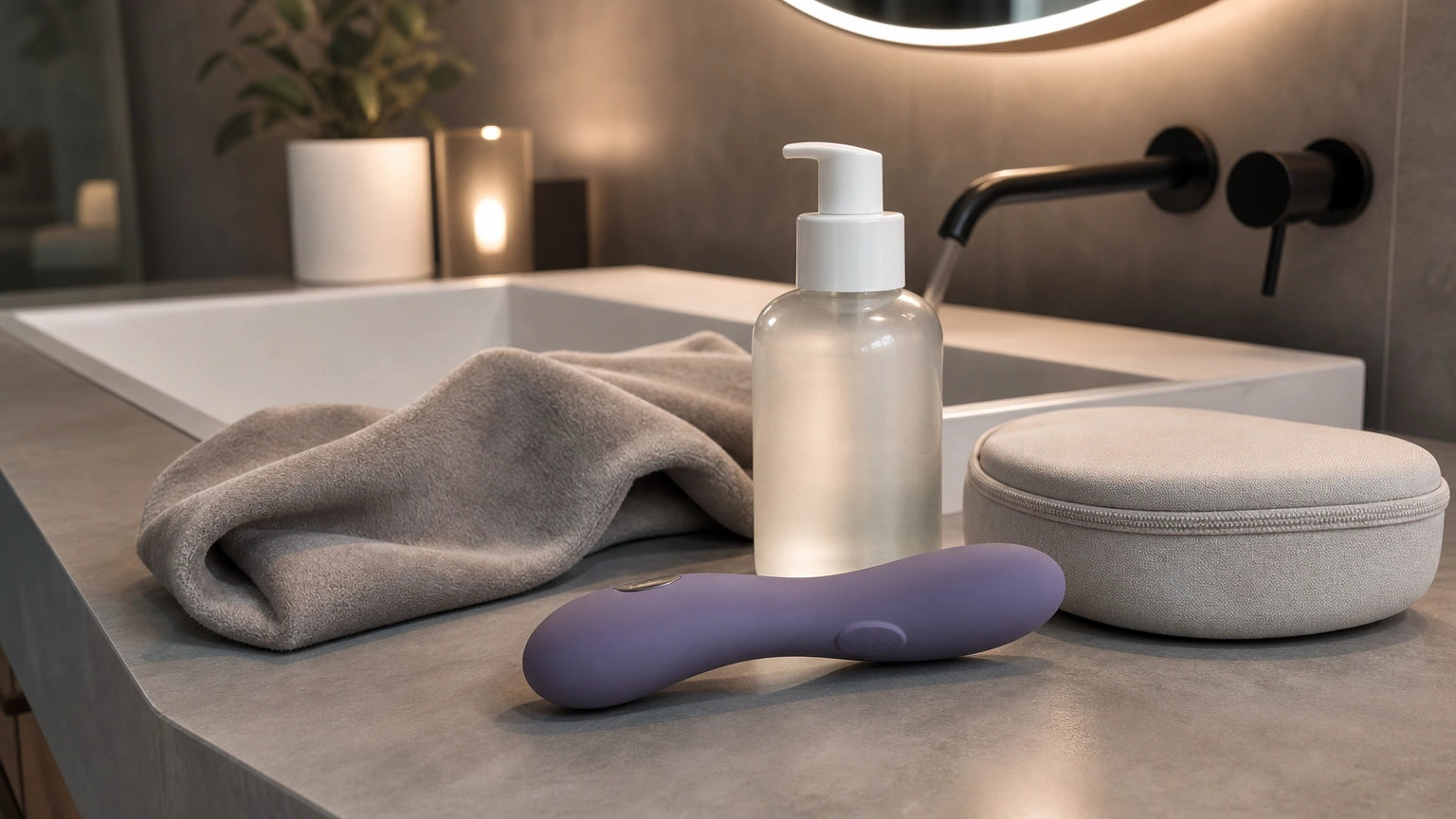Body-safe silicone massager with cleanser, cloth, and storage pouch for discreet cleaning and maintenance
