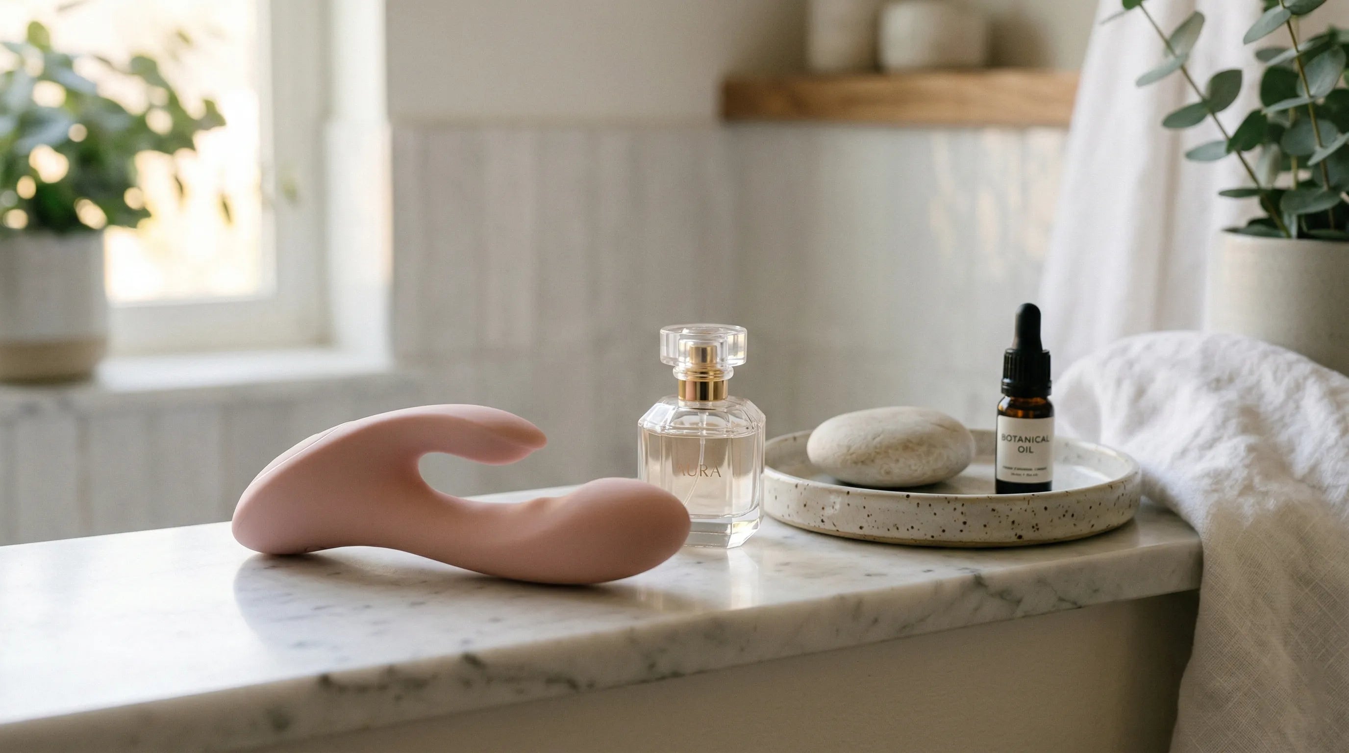 Premium silicone vibrator on bathroom shelf with wellness objects — medical-grade quality justified by design