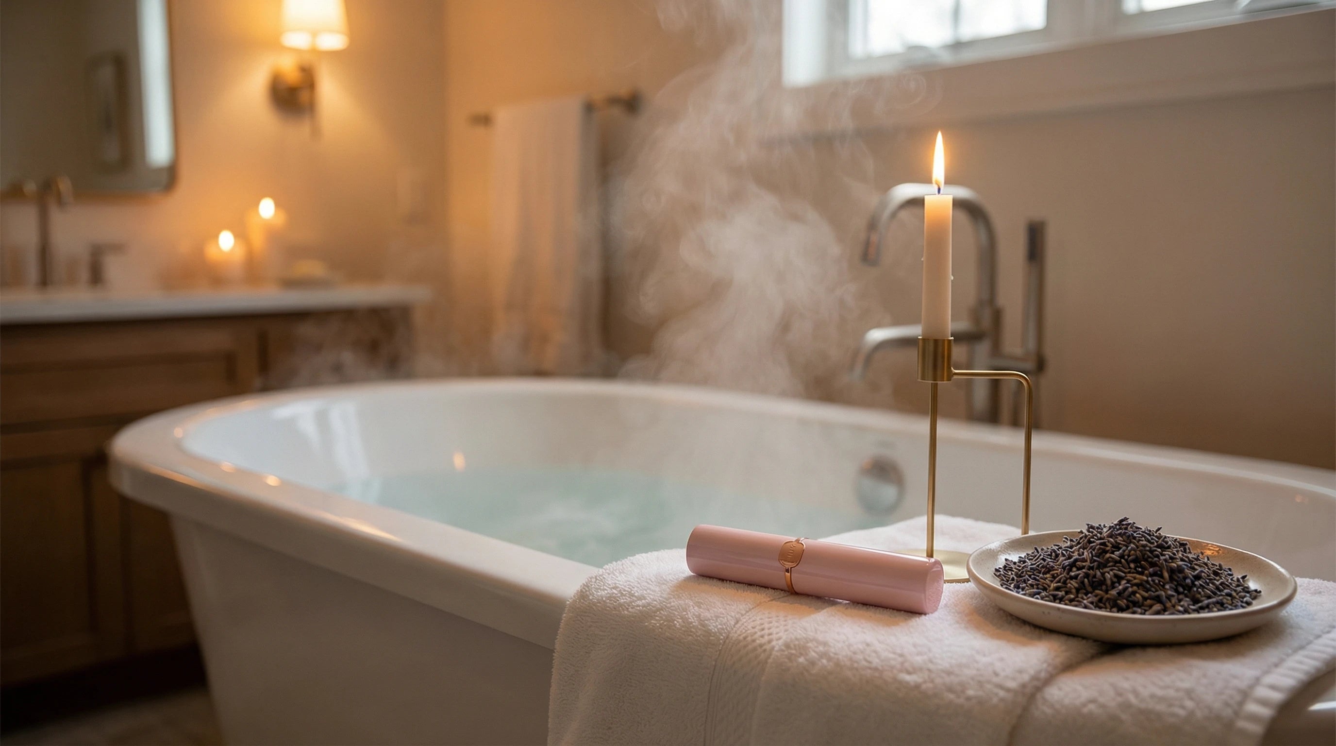 Warm bath with personal massager and candle — somatic release evening ritual for anxious sleep