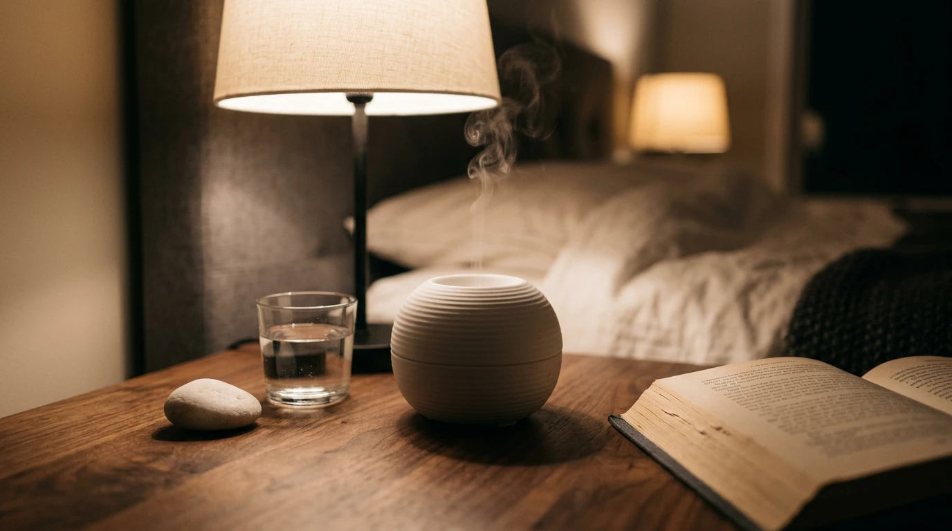 Nighttime wellness ritual with oil diffuser and water — calming sleep environment setup