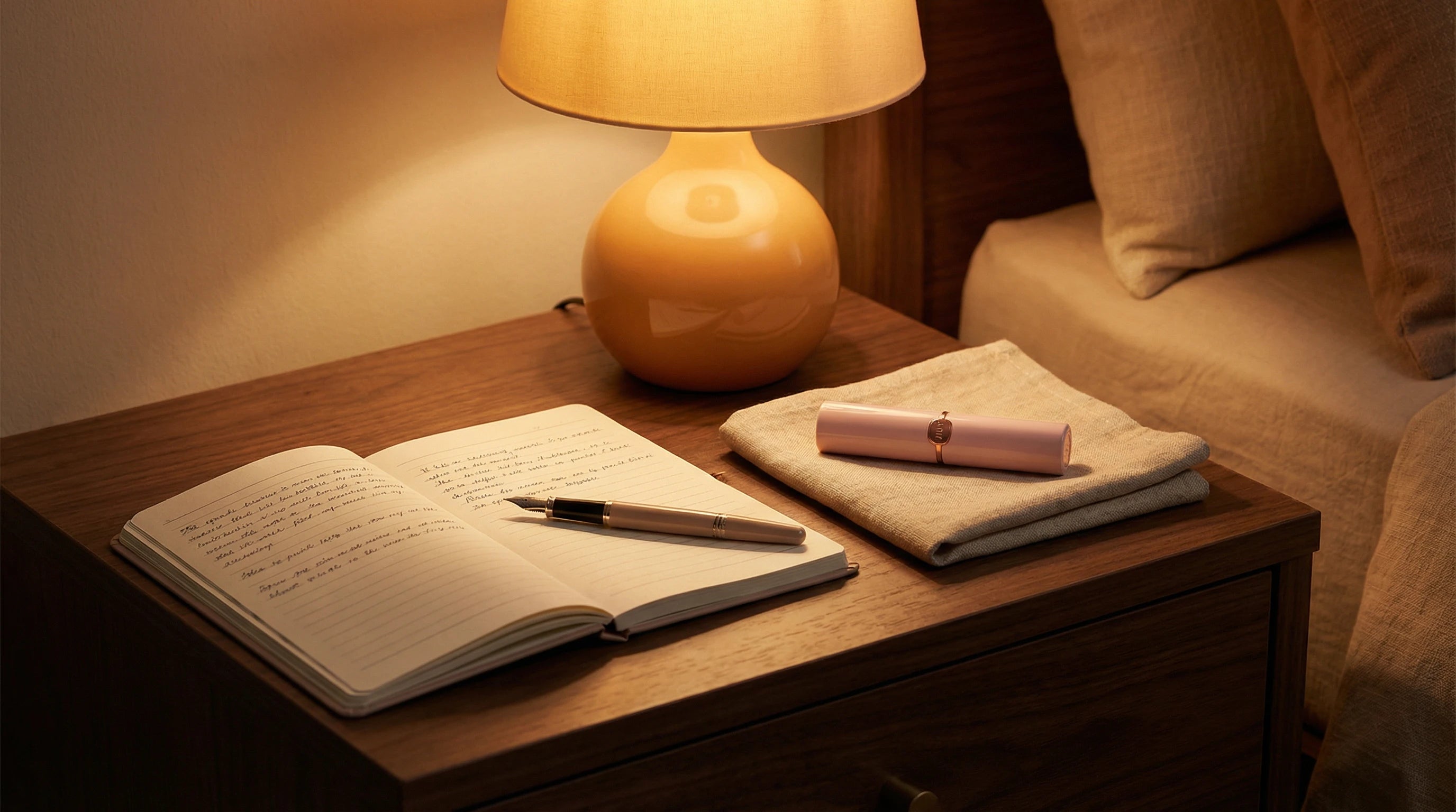 Thought journal and personal massager on nightstand — cognitive and somatic wind-down for anxious sleep