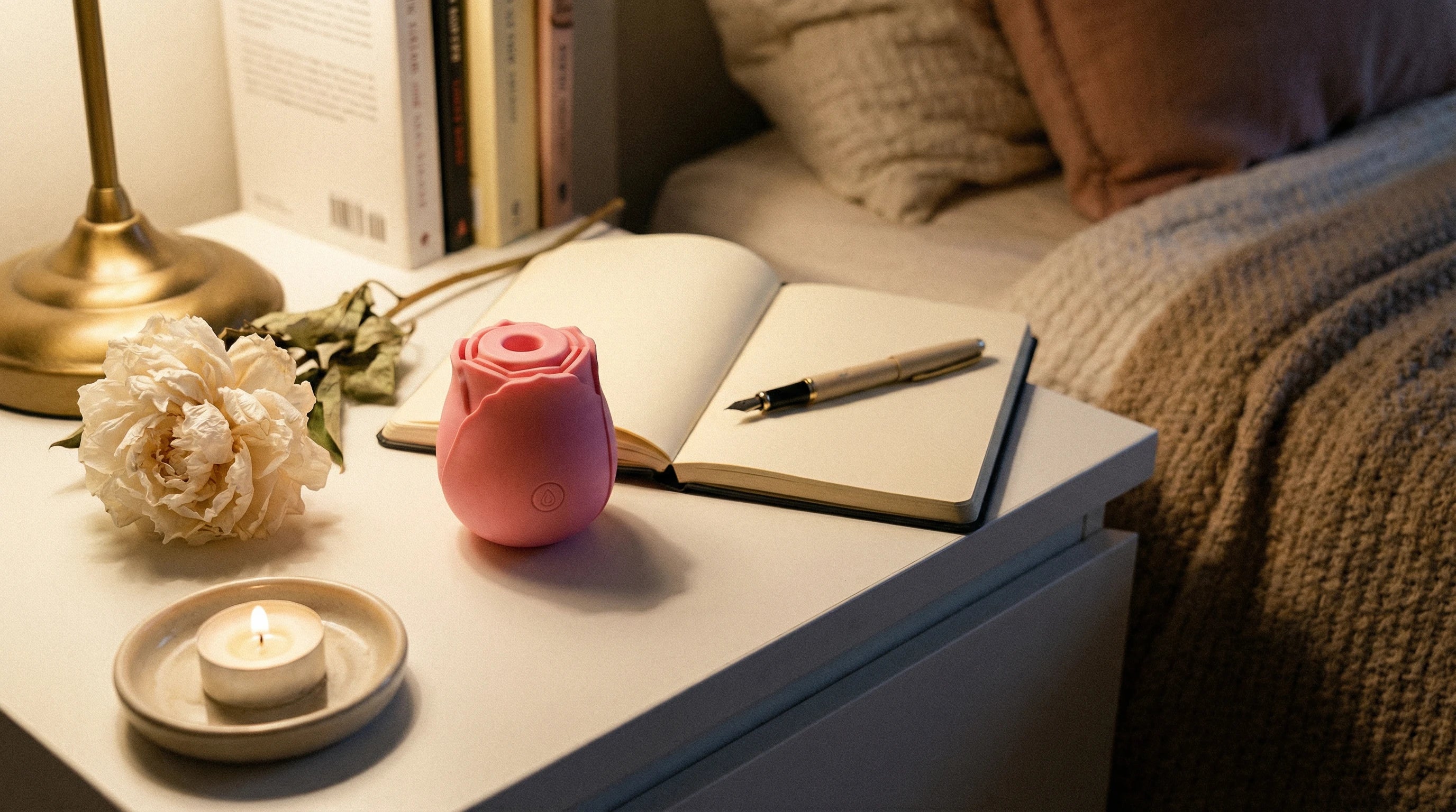 Vibrator beside journal and candle — self-discovery and body awareness evening ritual