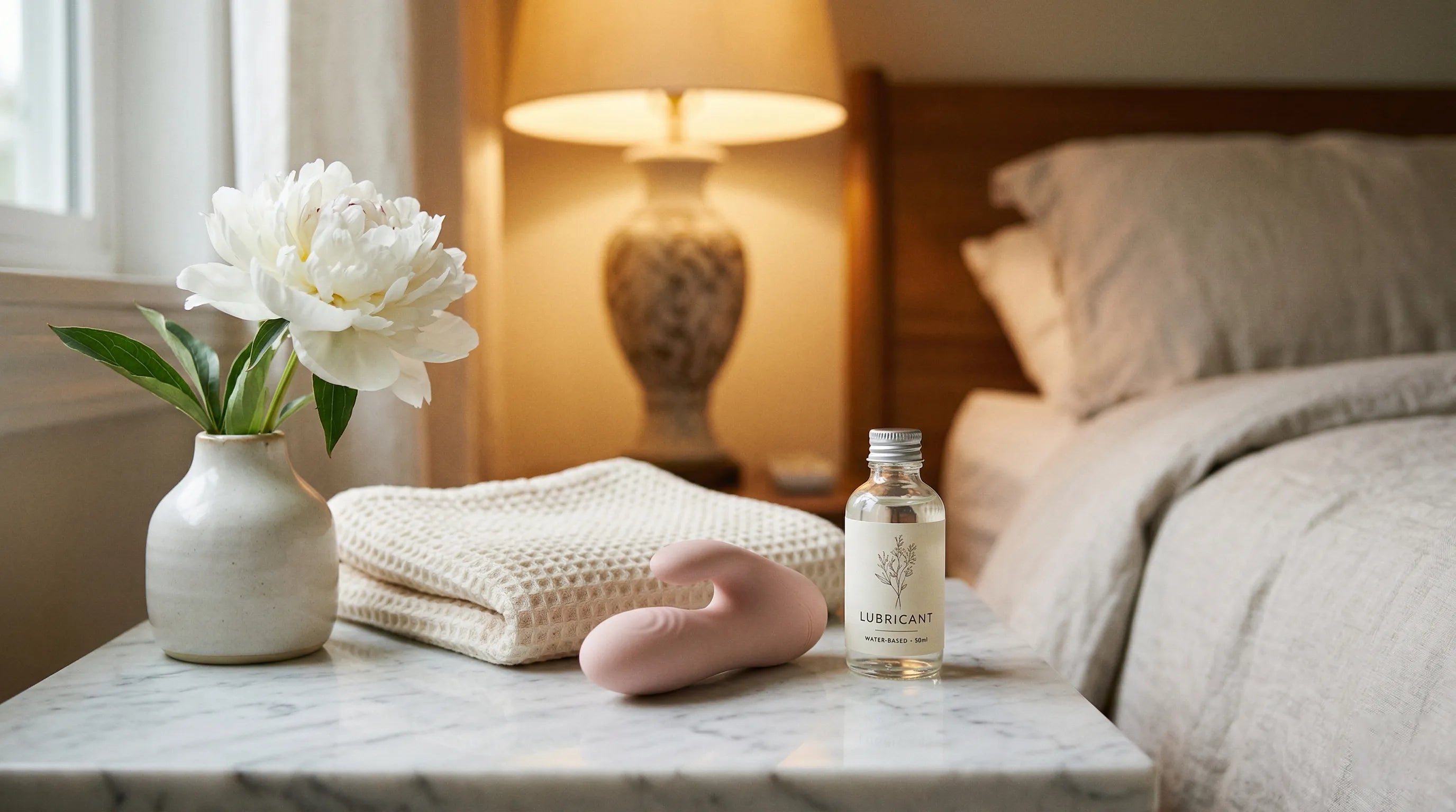 First vibrator bedside setup — silicone massager with lubricant and peony for a calm beginner experience