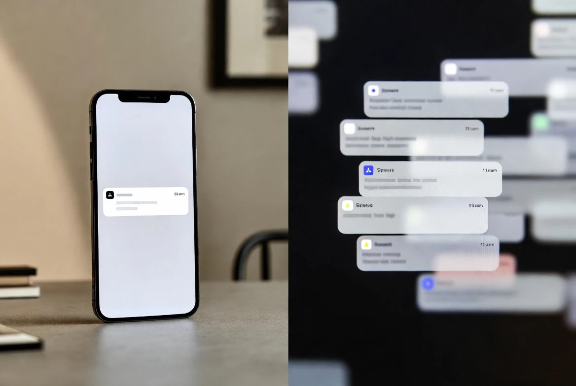 Balanced messages contrasted with overwhelming phone notifications to illustrate healthy interest versus pressure