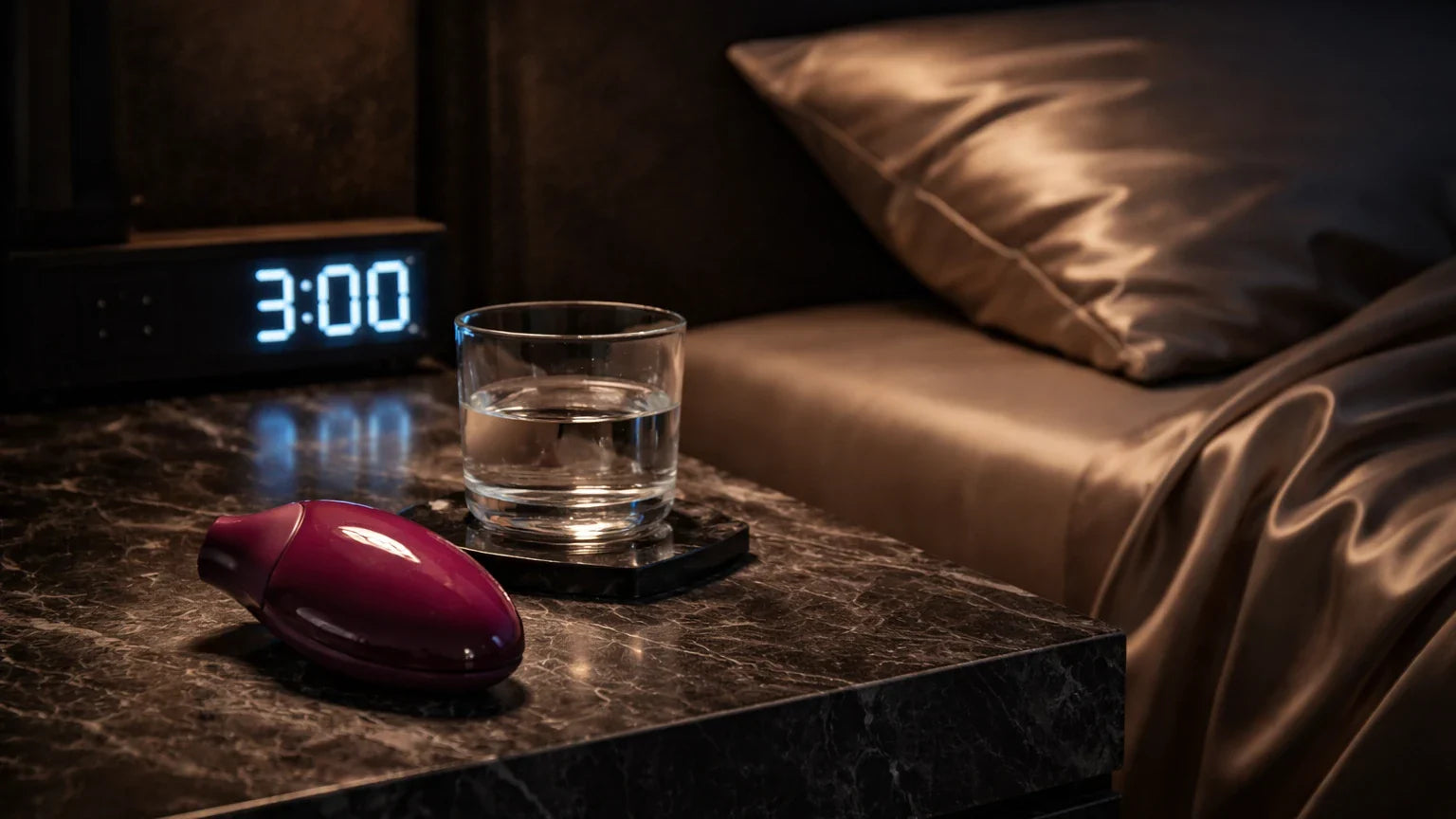 A beautifully designed, heavy luxury wellness tool sitting on a dark marble nightstand at 3 AM, serving as the ultimate biological cure for severe corporate sleep anxiety.