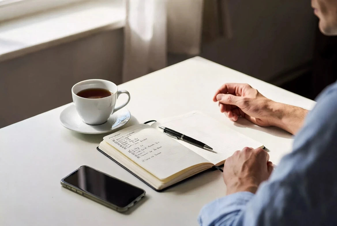 Person reviewing a checklist at a calm table while managing hidden anxiety