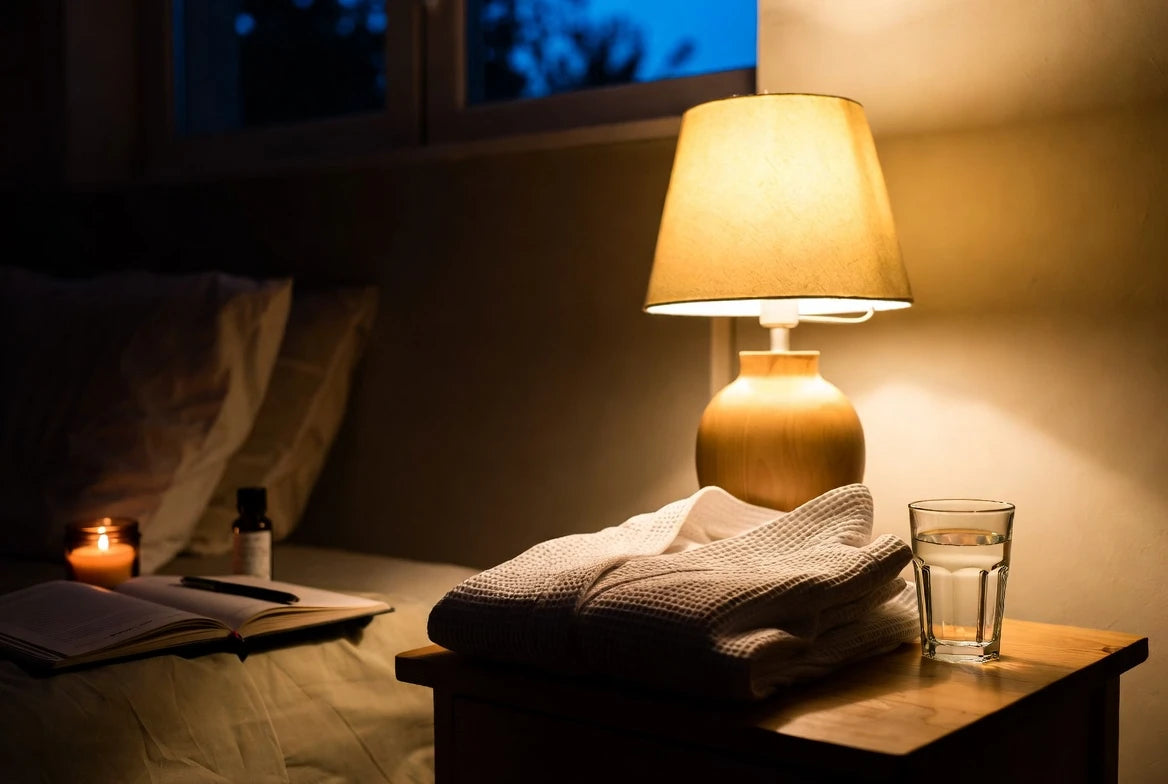 Calm evening reset ritual arranged on a bedside table for nervous system downshift