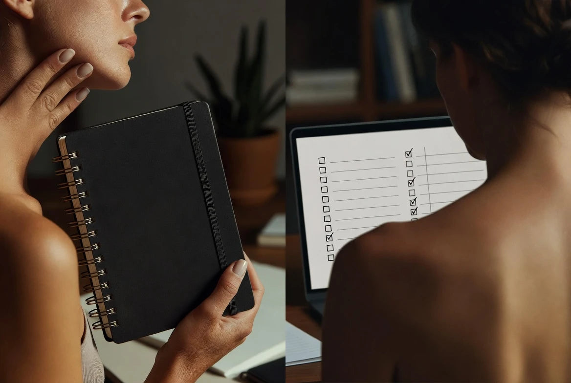 Productive workspace contrasted with subtle signs of jaw and shoulder tension