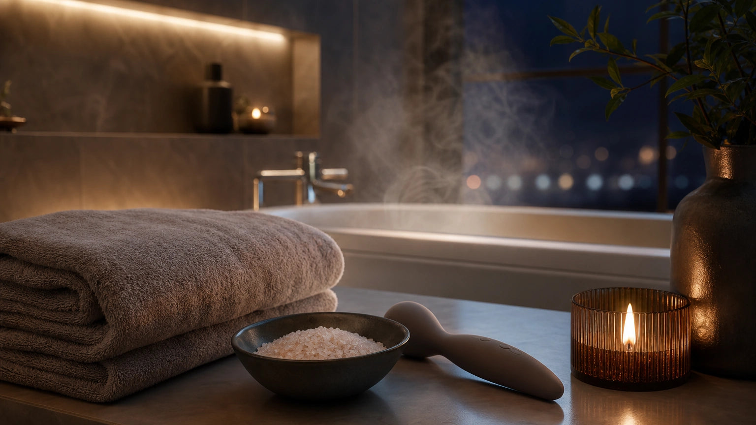 Warm bath with towel, bath salts, candle, and a discreet silicone massager for pre-sleep relaxation