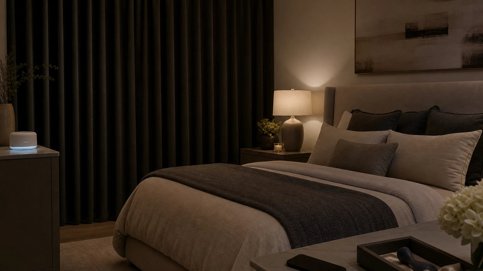 Bedroom with blackout curtains, white noise machine, phone set aside, and a discreet suction toy in bedside storage